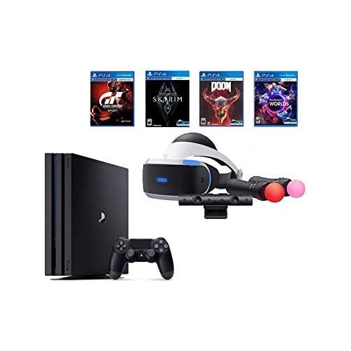 소니 Sony PlayStation PS4 Pro Bundle (6 Items): VR Starter Bundle, PS4 Pro 1TB Console= Jet Black, 4 Game Discs: Gran Turismo Sport, Skyrim, Doom, and VR Worlds