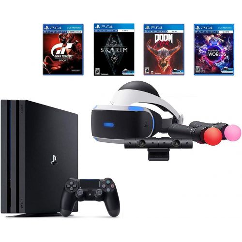 소니 Sony PlayStation PS4 Pro Bundle (6 Items): VR Starter Bundle, PS4 Pro 1TB Console= Jet Black, 4 Game Discs: Gran Turismo Sport, Skyrim, Doom, and VR Worlds