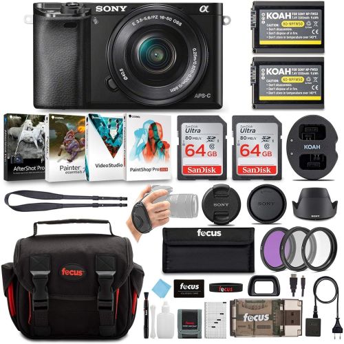 소니 Sony Alpha a6000 Camera w 16-50mm Lens, Two 64GB SD Card Bundle - Graphite