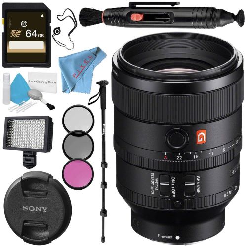 소니 Sony FE 100mm f2.8 STF GM OSS Lens SEL100F28GM + 72mm 3 Piece Filter Kit + Professional 160 LED Video Light Studio Series + 64GB SDXC Card + Lens Pen Cleaner + 70in Monopod Bundle