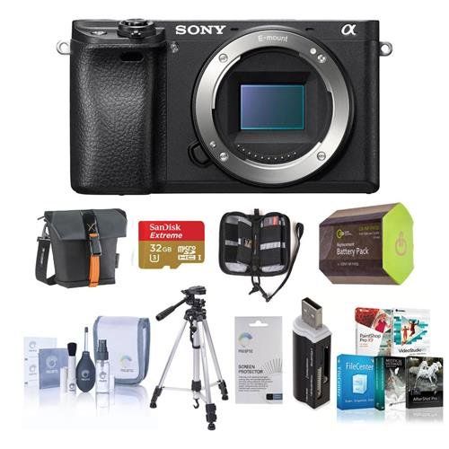 소니 Sony Alpha a6300 Mirrorless Digital Camera Body - Bundle With 32GB Class 10 SDHC Card, Holster Case, Spare Battery, Cleaning Kit, Tripod, Memory Wallet, Screen Protector, Card Read