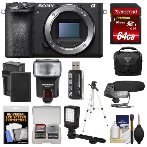 소니 Sony Alpha A6500 4K Wi-Fi Digital Camera Body with 64GB Card + Case + Flash + Battery & Charger + Tripod + Video Light + Mic + Kit