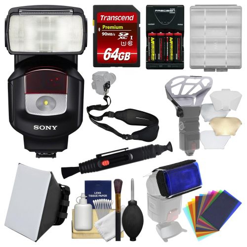 소니 Sony Alpha HVL-F43M Flash with Video Light with Soft Box + Diffuser Bouncer + Color Gels + 64GB Card + Strap + Batteries + Kit