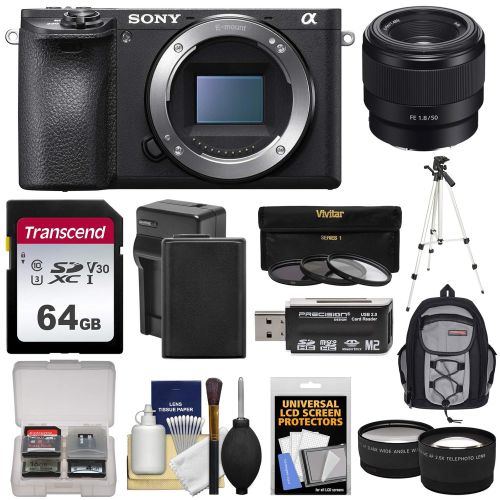 소니 Sony Alpha A6500 4K Wi-Fi Digital Camera Body with FE 50mm f1.8 Lens + 64GB Card + Battery & Charger + Backpack + Tripod + Tele & Wide Lens Kit