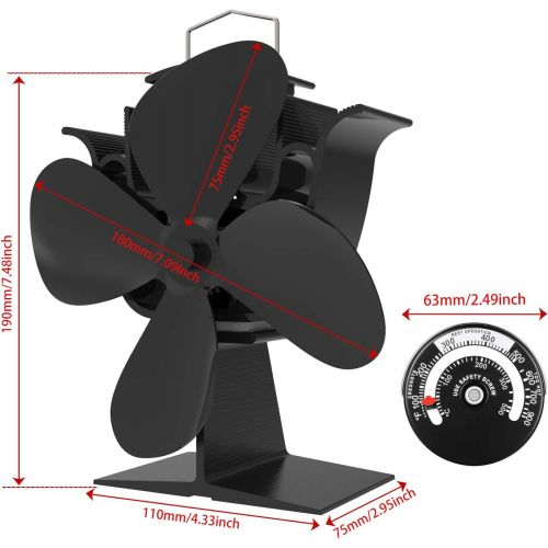 소니 Sonyabecca Stove Fan with Magnetic Thermometer 4 Blade Stove Fans Heat Powered Fireplace Fan Aluminium Eco-Friendly for Wood Log Burner Fireplace