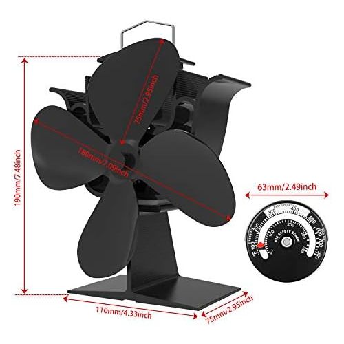 소니 Sonyabecca Stove Fan with Magnetic Thermometer 4 Blade Stove Fans Heat Powered Fireplace Fan Aluminium Eco-Friendly for Wood Log Burner Fireplace