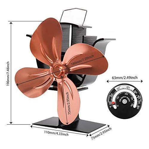 소니 Sonyabecca Stove Fan with Magnetic Thermometer 4 Blade Stove Fans Heat Powered Fireplace Fan Aluminium Eco Friendly for Wood Log Burner Fireplace,Gold