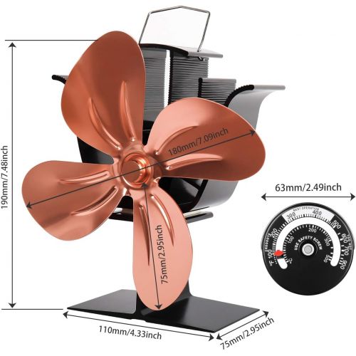 소니 Sonyabecca Stove Fan with Magnetic Thermometer 4 Blade Stove Fans Heat Powered Fireplace Fan Aluminium Eco Friendly for Wood Log Burner Fireplace,Gold