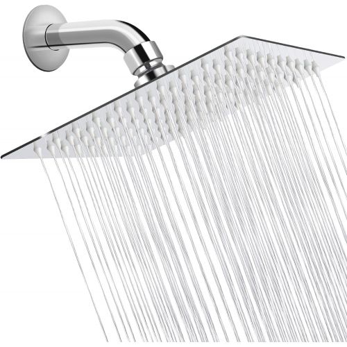  Sooreally Rain Shower Head High Pressure, 8 Inch Stainless Steel Square Rainfall Showerhead, Mirror-like, Easy Install, Swivel Spray Angle, Voluptuous Shower Experience, Chrome Fin