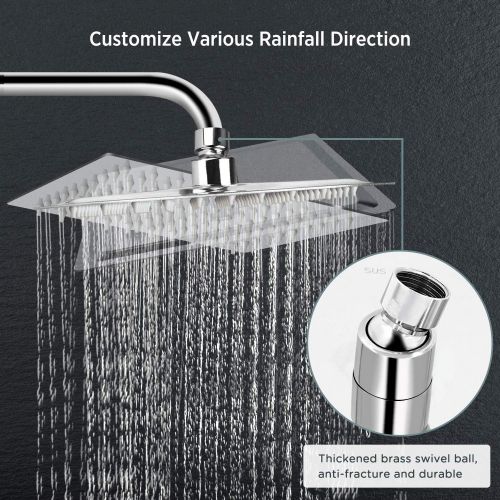  Sooreally Rain Shower Head High Pressure, 8 Inch Stainless Steel Square Rainfall Showerhead, Mirror-like, Easy Install, Swivel Spray Angle, Voluptuous Shower Experience, Chrome Fin