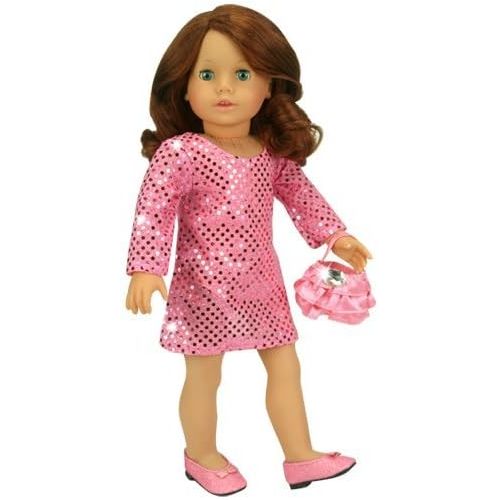  Sophias 18 Inch Doll Clothing Set with Ice Blue Princess Dress and Tiara, Pink Striped T, Fur Vest, Jeans and Fur Boots in Pink, Pink Sequin Dress, Satin Purse and Silver Kitten Heels