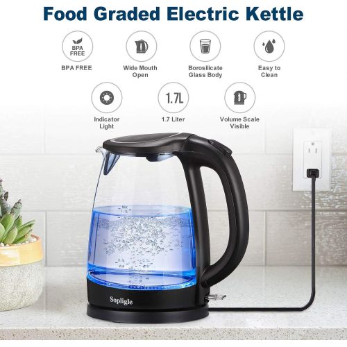  Sopligle Premium Electric Kettle,BPA-Free Hot Water Boiler, Potable Fast Water Kettle with Auto Shutoff, Boil-Dry Protection, Borosilicate Glass,Cordless with LED Light, 1.7L,1500W