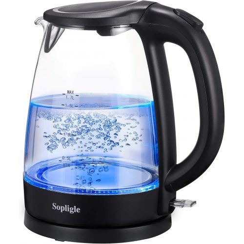  Sopligle Premium Electric Kettle,BPA-Free Hot Water Boiler, Potable Fast Water Kettle with Auto Shutoff, Boil-Dry Protection, Borosilicate Glass,Cordless with LED Light, 1.7L,1500W