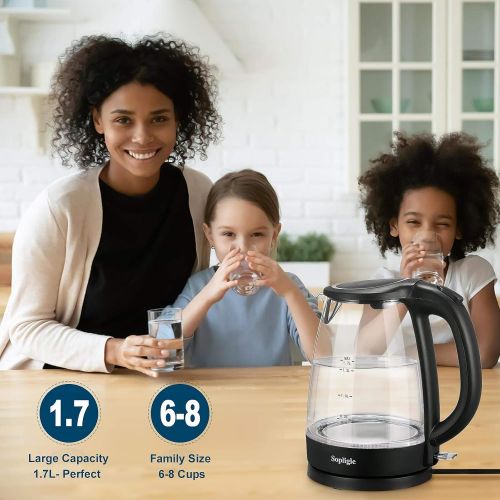  Sopligle Premium Electric Kettle,BPA-Free Hot Water Boiler, Potable Fast Water Kettle with Auto Shutoff, Boil-Dry Protection, Borosilicate Glass,Cordless with LED Light, 1.7L,1500W