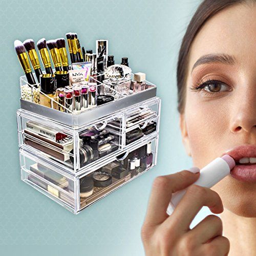  Sorbus Acrylic Cosmetic Makeup and Jewelry Storage Case Display with Silver Trim - Spacious Design - Great for Bathroom, Dresser, Vanity and Countertop (Silver Set 2)