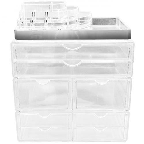  Sorbus Acrylic Cosmetic Makeup and Jewelry Storage Case Display with Silver Trim - Spacious Design - Great for Bathroom, Dresser, Vanity and Countertop (Silver Set 2)