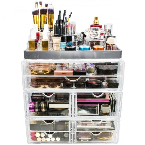  Sorbus Acrylic Cosmetic Makeup and Jewelry Storage Case Display with Silver Trim - Spacious Design - Great for Bathroom, Dresser, Vanity and Countertop (Silver Set 2)