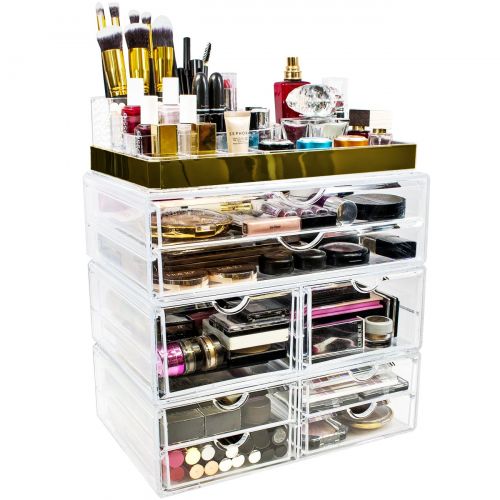  Sorbus Acrylic Cosmetic Makeup and Jewelry Storage Case Display with Silver Trim - Spacious Design - Great for Bathroom, Dresser, Vanity and Countertop (Silver Set 2)