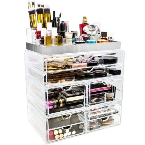  Sorbus Acrylic Cosmetic Makeup and Jewelry Storage Case Display with Silver Trim - Spacious Design - Great for Bathroom, Dresser, Vanity and Countertop (Silver Set 2)