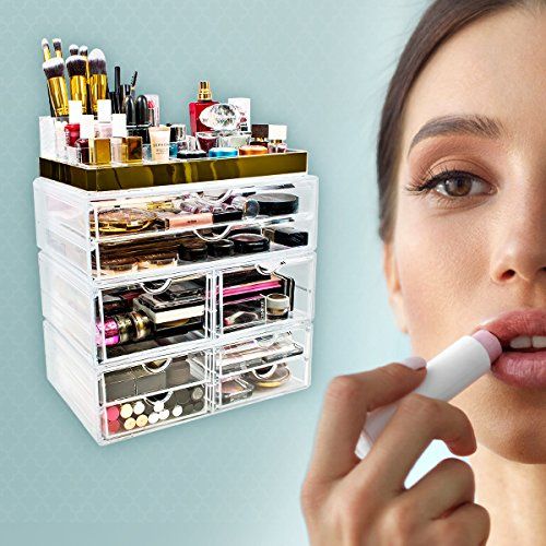  Sorbus Acrylic Cosmetic Makeup and Jewelry Storage Case Display with Silver Trim - Spacious Design - Great for Bathroom, Dresser, Vanity and Countertop (Silver Set 1)
