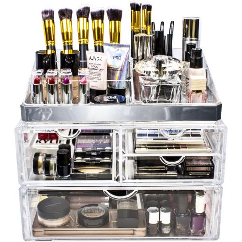  Sorbus Acrylic Cosmetic Makeup and Jewelry Storage Case Display with Silver Trim - Spacious Design - Great for Bathroom, Dresser, Vanity and Countertop (Silver Set 1)