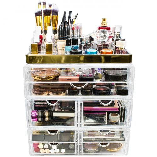  Sorbus Acrylic Cosmetic Makeup and Jewelry Storage Case Display with Gold Trim - Spacious Design - Great for Bathroom, Dresser, Vanity and Countertop (Gold Set 2)