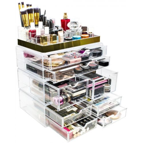  Sorbus Acrylic Cosmetic Makeup and Jewelry Storage Case Display with Gold Trim - Spacious Design - Great for Bathroom, Dresser, Vanity and Countertop (Gold Set 2)