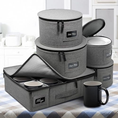  [아마존베스트]Sorbus China Dinnerware Storage Organizer Hard Shell 5-Piece Set for Protecting or Transporting  Service for 12  Round Plate and Cup holder with Quilted Felt Protection for Plate