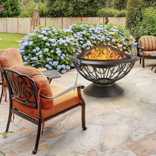 Sorbus Fire Pit Large, 30 Outdoor Fireplace, Backyard Patio Fire Bowl, Safety Mesh Cover and Poker Stick, Stylish Decorative Scroll Base, Great for Outdoor Heating, Bonfire, Grill,