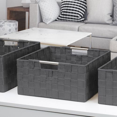  Sorbus Storage Box Woven Basket Bin Container Tote Cube Organizer Set Stackable Storage Basket Woven Strap Shelf Organizer Built-in Carry Handles (Gray)