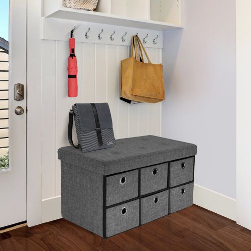  Sorbus Storage Bench Chest with Drawers  Collapsible Folding Bench Ottoman Includes Cover  Perfect for Entryway, Bedroom Bench, Cubby Drawer Footstool, Hope Chest, Faux Linen (Gr