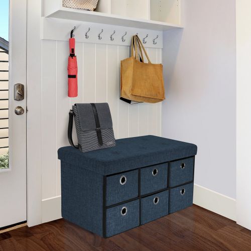  Sorbus Storage Bench Chest with Drawers  Collapsible Folding Bench Ottoman Includes Cover  Perfect for Entryway, Bedroom Bench, Cubby Drawer Footstool, Hope Chest, Faux Linen (Gr