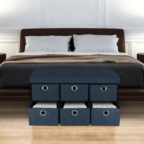  Sorbus Storage Bench Chest with Drawers  Collapsible Folding Bench Ottoman Includes Cover  Perfect for Entryway, Bedroom Bench, Cubby Drawer Footstool, Hope Chest, Faux Linen (Gr