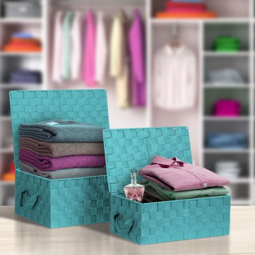  Sorbus Storage Box Woven Basket Bin Container Tote Cube Organizer Set Stackable Storage Basket Woven Strap Shelf Organizer Built-in Carry Handles (Aqua)