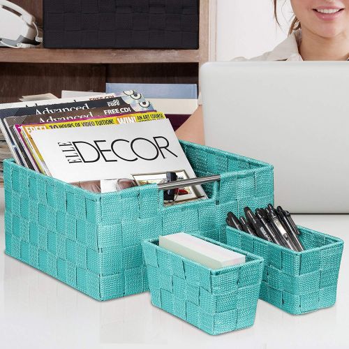  Sorbus Storage Box Woven Basket Bin Container Tote Cube Organizer Set Stackable Storage Basket Woven Strap Shelf Organizer Built-in Carry Handles (Aqua)