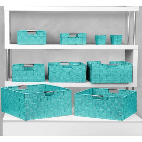  Sorbus Storage Box Woven Basket Bin Container Tote Cube Organizer Set Stackable Storage Basket Woven Strap Shelf Organizer Built-in Carry Handles (Aqua)