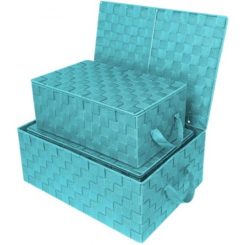  Sorbus Storage Box Woven Basket Bin Container Tote Cube Organizer Set Stackable Storage Basket Woven Strap Shelf Organizer Built-in Carry Handles (Aqua)