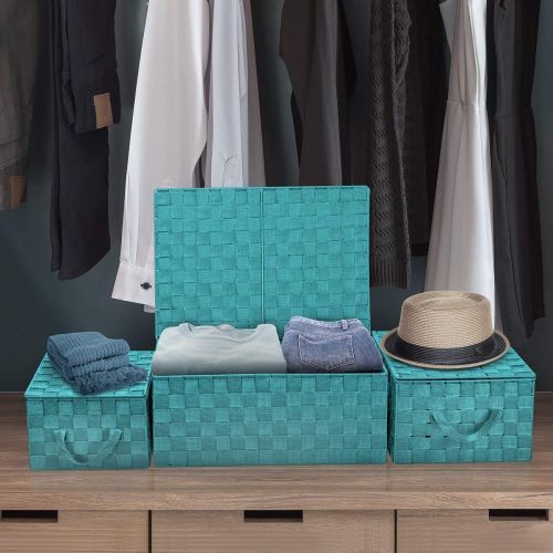  Sorbus Storage Box Woven Basket Bin Container Tote Cube Organizer Set Stackable Storage Basket Woven Strap Shelf Organizer Built-in Carry Handles (Aqua)