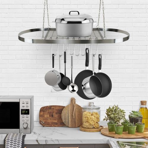  Sorbus Pot and Pan Rack for Ceiling with Hooks  Decorative Oval Mounted Storage Rack  Multi-Purpose Organizer for Home, Restaurant, Kitchen Cookware, Utensils, Books, Household (