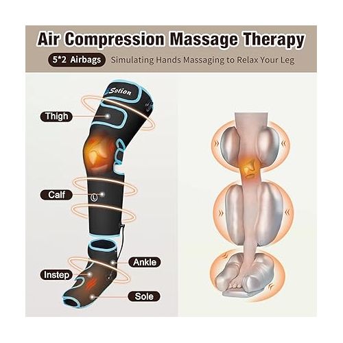  Sotion Leg Massager with Heat and Compression for Circulation & Recovery, Upgraded Foot Calf Thigh Sequential Massager Device with Handheld Controller, 4 Modes 4 Intensities, Help for Leg Pain Relief