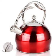Sotya Best Stainless Steel Whistling Teakettle Tea Pot Kettle Stovetop Teapot Stove with detachable anti-hot gloves,2.75 Quart (RED)