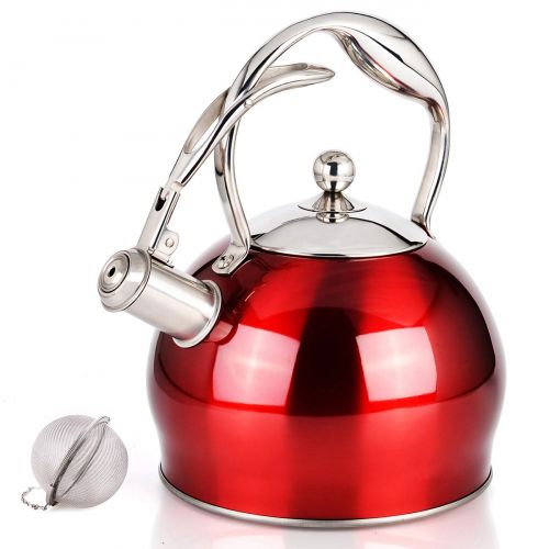  Sotya Best Stainless Steel Whistling Teakettle Tea Pot Kettle Stovetop Teapot Stove with detachable anti-hot gloves,2.75 Quart (RED)