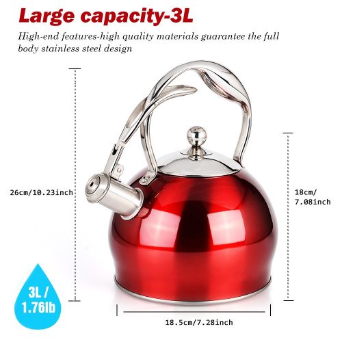  Sotya Best Stainless Steel Whistling Teakettle Tea Pot Kettle Stovetop Teapot Stove with detachable anti-hot gloves,2.75 Quart (RED)