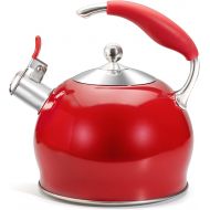Sotya Whistling Tea Kettle for Stovetop, 3 Quart Stainless Steel Teakettle Teapot with Upgraded Version Silicone Anti-Scald Handle, Suitable for All Heat Source (Red)