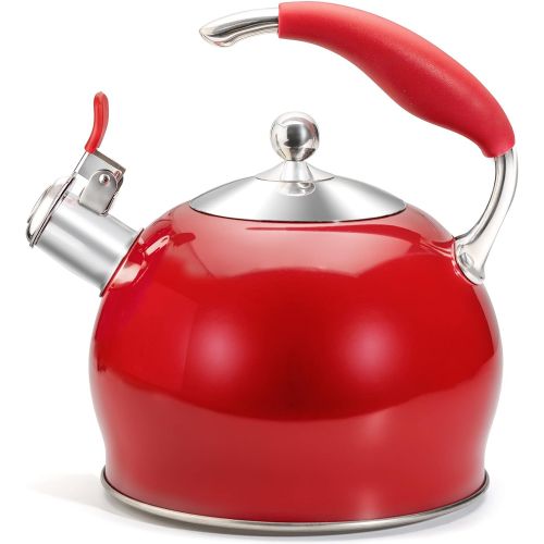  Sotya Whistling Tea Kettle for Stovetop, 3 Quart Stainless Steel Teakettle Teapot with Upgraded Version Silicone Anti-Scald Handle, Suitable for All Heat Source (Red)