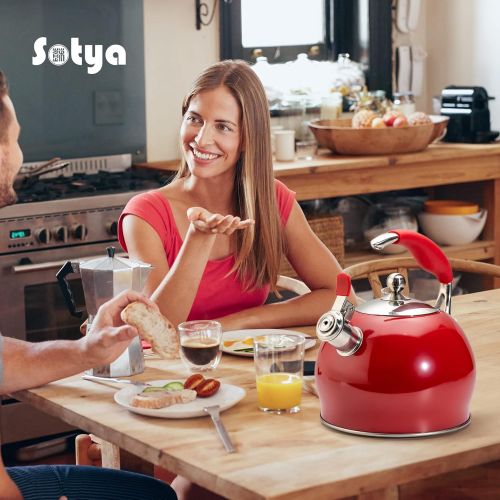  Sotya Whistling Tea Kettle for Stovetop, 3 Quart Stainless Steel Teakettle Teapot with Upgraded Version Silicone Anti-Scald Handle, Suitable for All Heat Source (Red)