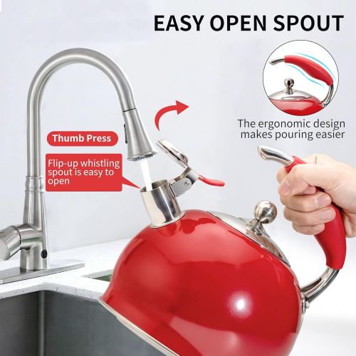  Sotya Whistling Tea Kettle for Stovetop, 3 Quart Stainless Steel Teakettle Teapot with Upgraded Version Silicone Anti-Scald Handle, Suitable for All Heat Source (Red)