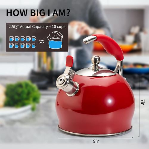  Sotya Whistling Tea Kettle for Stovetop, 3 Quart Stainless Steel Teakettle Teapot with Upgraded Version Silicone Anti-Scald Handle, Suitable for All Heat Source (Red)