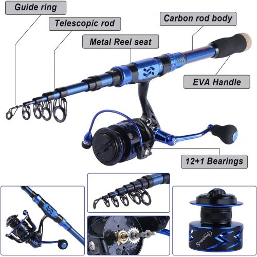  Sougayilang Fishing Rod and Reel Combos - Carbon Fiber Telescopic Fishing Pole - Spinning Reel 12 +1 BB with Carrying Case for Saltwater and Freshwater Fishing Gear Kit