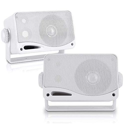  Pyle 3-Way Weatherproof Outdoor Speaker Set - 3.5 Inch 200W Pair of Marine Grade Mount Speakers - in a Heavy Duty ABS Enclosure Grill - Home, Boat, Poolside, Patio, Indoor Outdoor Use -